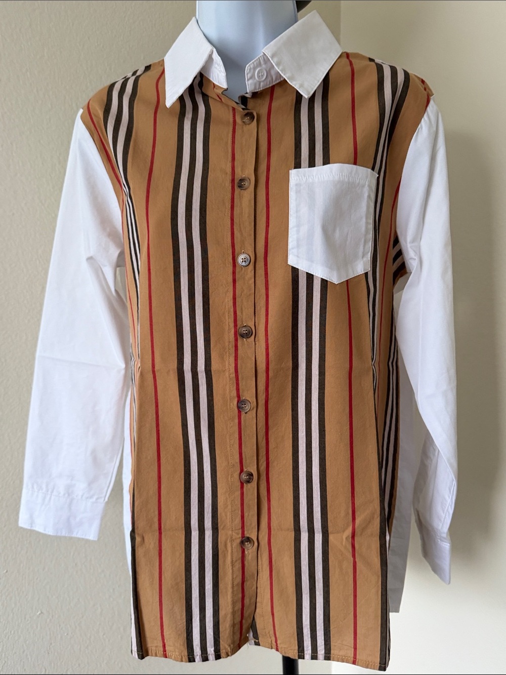 Burberry Tan, White & Black Striped Button-Down Shirt